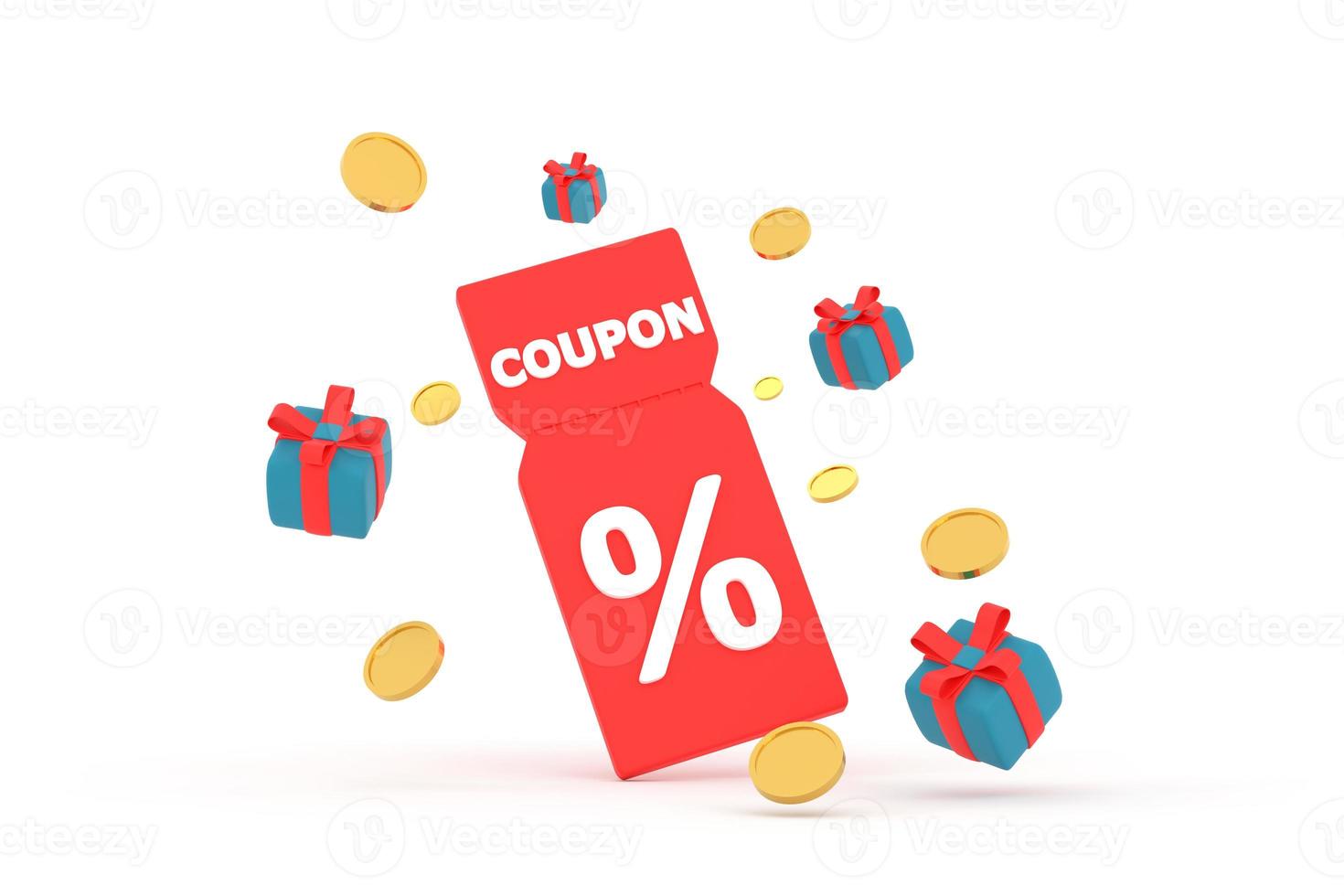 discount coupon with percentage sign with coins. Voucher card cash back with coupon code promotion. photo