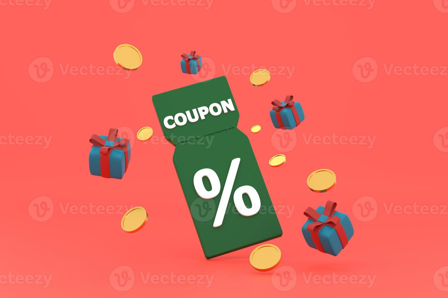 discount coupon with percentage sign with coins and gift box. Voucher card cash back. photo