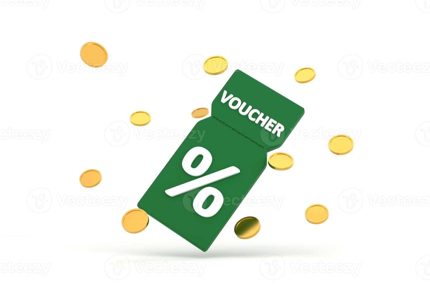 discount coupon with percentage sign with coins. Voucher card cash back with coupon code promotion. photo