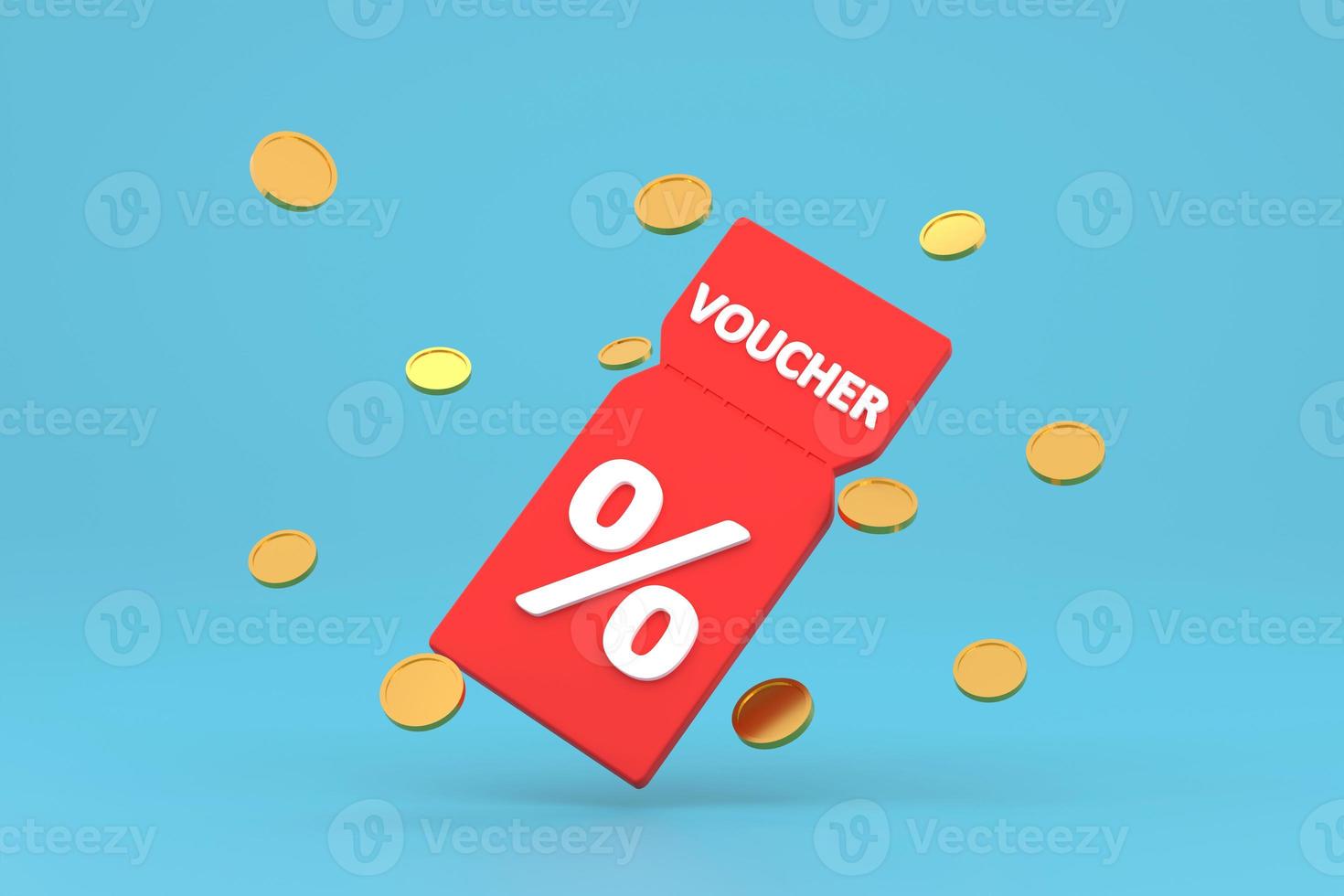 discount coupon with percentage sign with coins. Voucher card cash back with coupon code promotion. photo