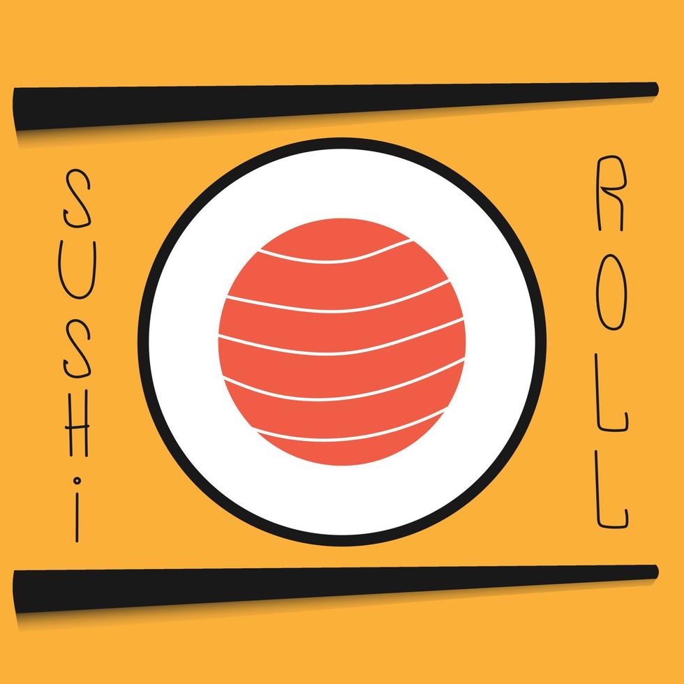 Chopsticks with sushi roll and rise. Sushi piece with chopstick vector web icon isolated on yellow background, top view