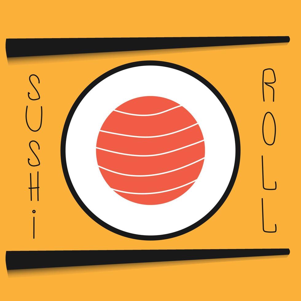 Chopsticks with sushi roll and rise. Sushi piece with chopstick vector web icon isolated on yellow background, top view