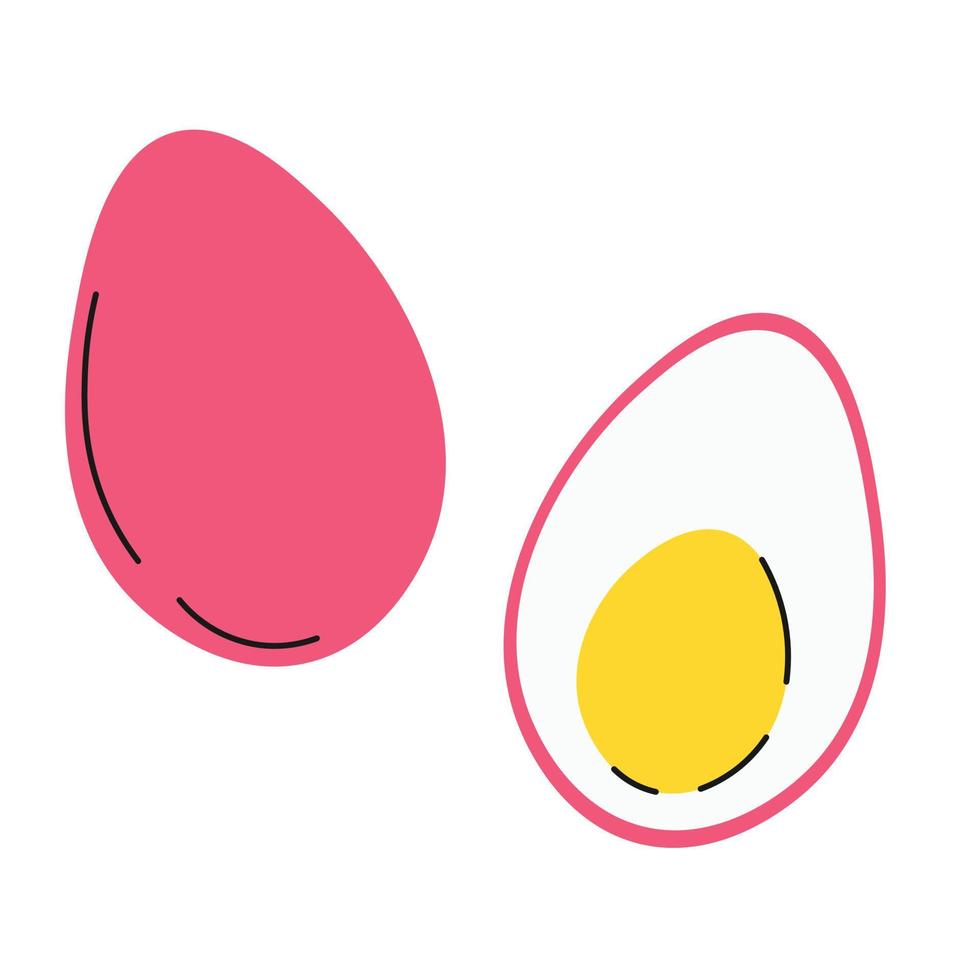 Halved pink boiled eggs. Vector illustration on a white background