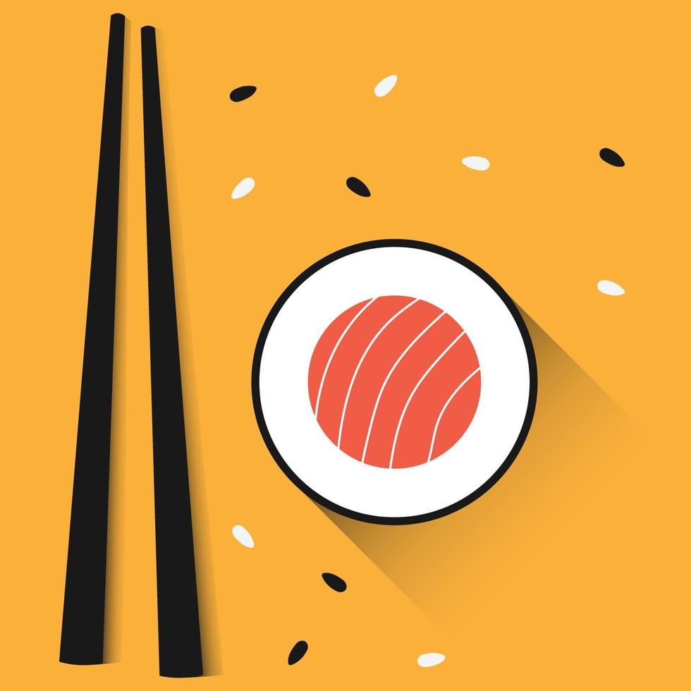 Chopsticks with sushi roll and rise. Sushi piece with chopstick vector web icon isolated on yellow background, top view