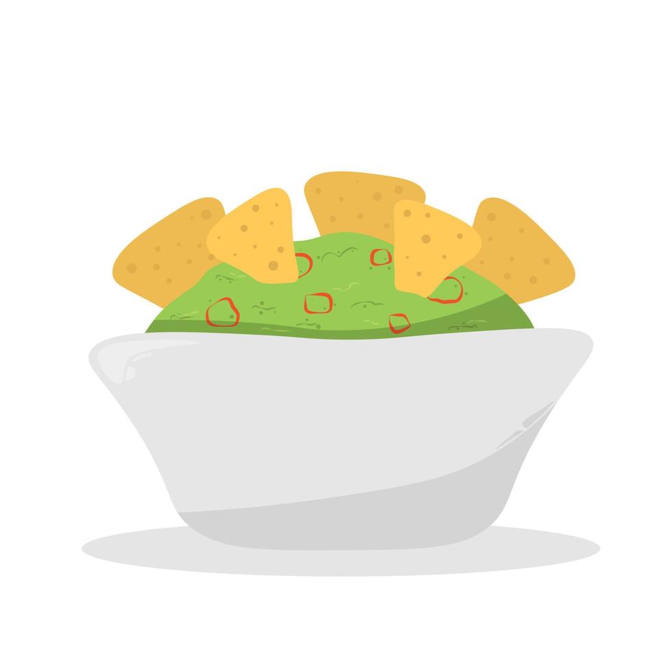 Guacamole with nachos - traditional Mexican latin american sauce made from avocado. Ceramic bowl with guacamole sauce and  tortilla chips. Vector flat illustration isolated on white.