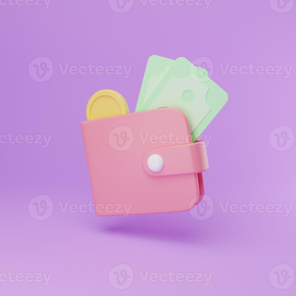 3D rendering illustration Cartoon minimal wallet with coins. saving money concept, Online payment service, business financial concept, Transfer and Currency exchange online photo