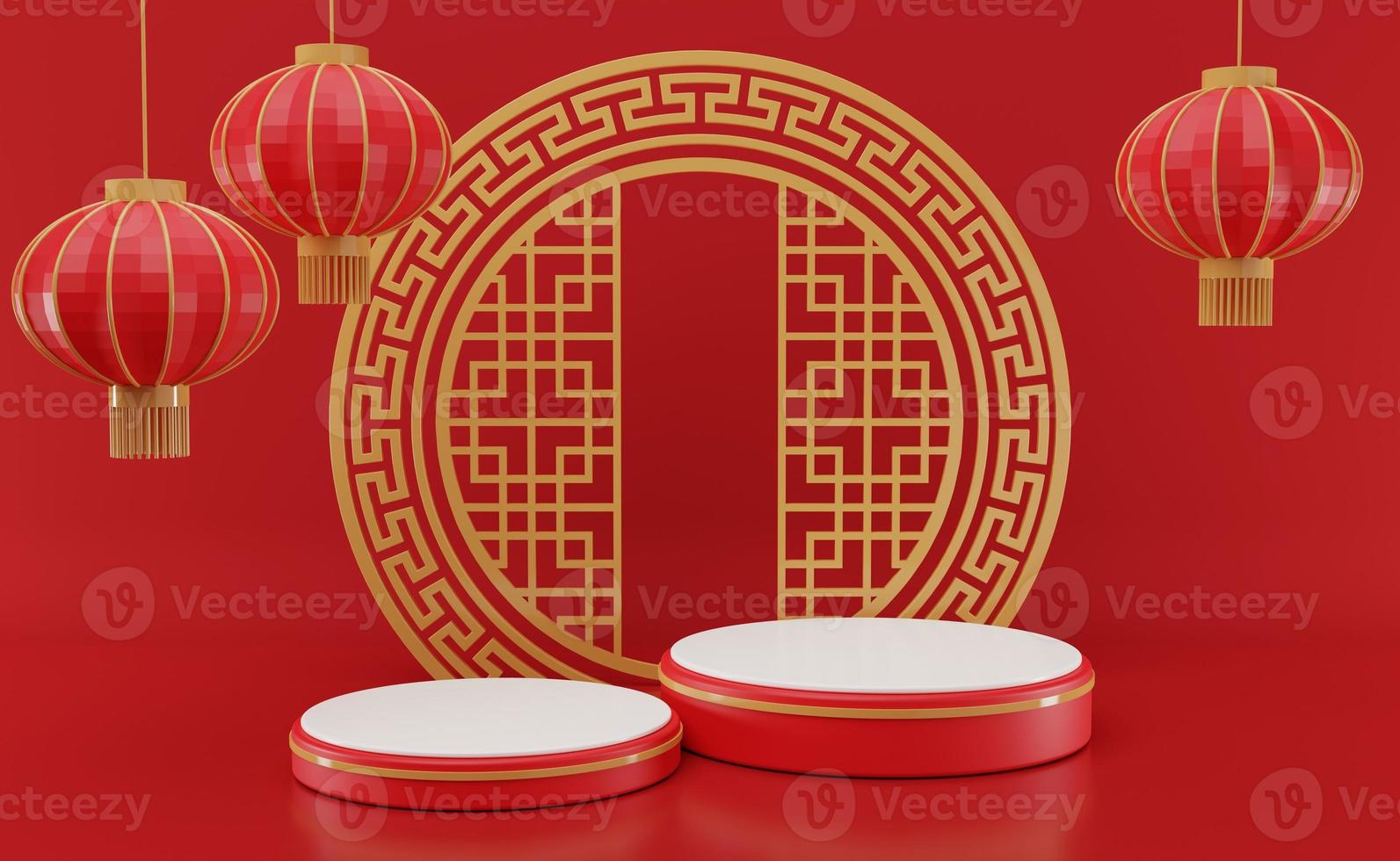 3D rendering illustration Chinese new year mock up Cylinder podiums, Chinese Festivals, empty pedestal template for product display decorated, geometric background, cosmetics stand concept, abstract photo