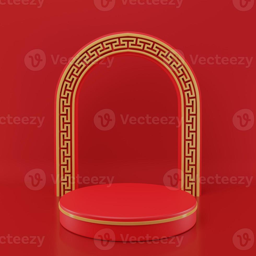 3D rendering illustration Chinese new year mock up Cylinder podiums, Chinese Festivals, empty pedestal template for product display decorated, geometric background, cosmetics stand concept, abstract photo