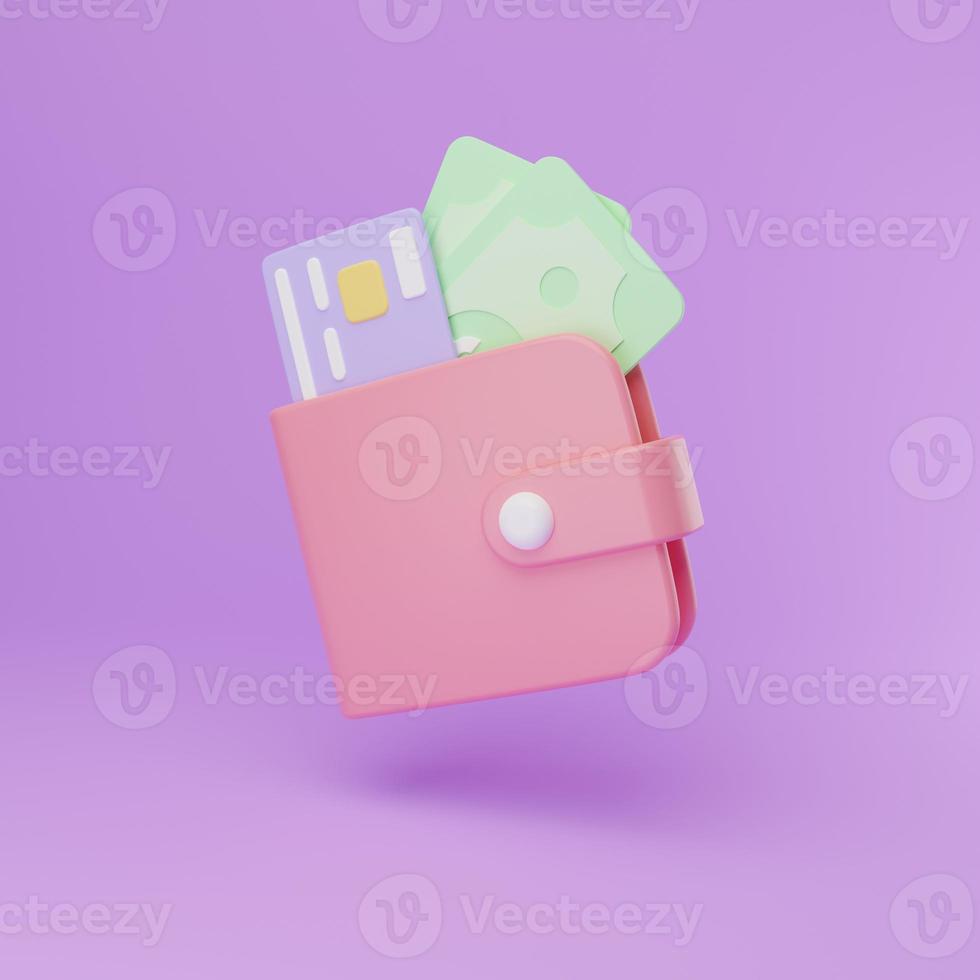 3D rendering illustration Cartoon minimal wallet with coins. saving money concept, Online payment service, business financial concept, Transfer and Currency exchange online photo