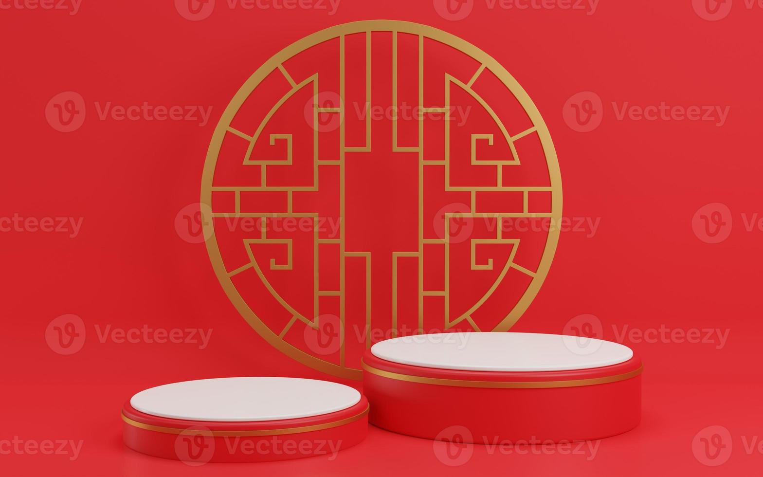 3D rendering illustration Chinese new year mock up Cylinder podiums, Chinese Festivals, empty pedestal template for product display decorated, geometric background, cosmetics stand concept, abstract photo