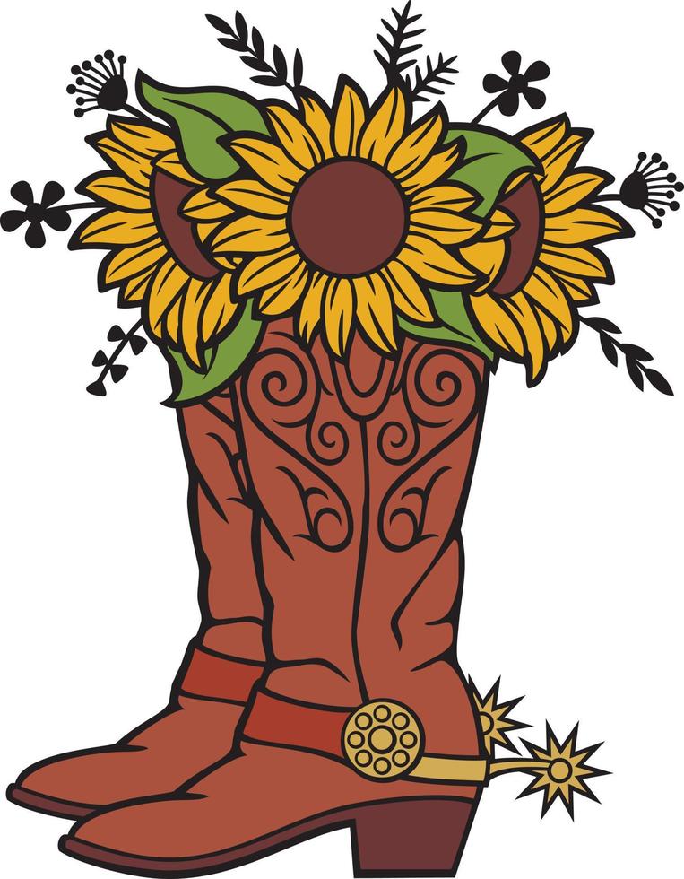 Cowboy Boots with Sunflowers and Plants. Floral Design. Vector Illustration.