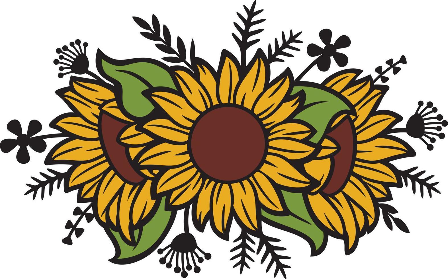 Floral Sunflowers and Plants Vector Illustration