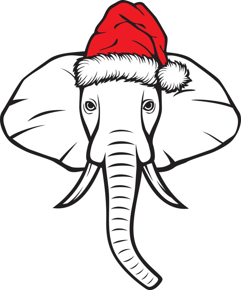 Elephant Head and Santa Hat - Christmas design. Vector Illustration.