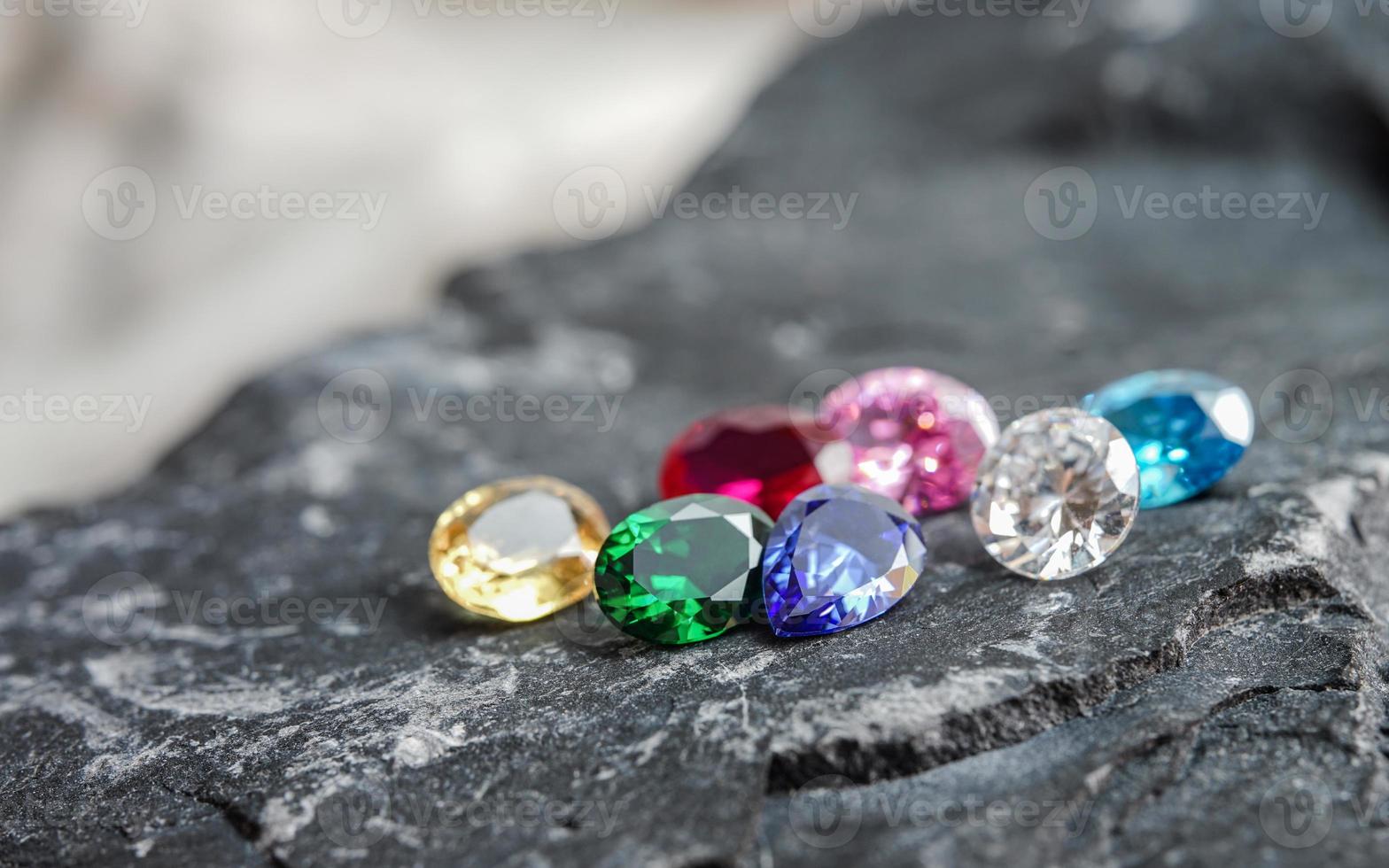 Natural Sapphire gemstone, Jewel or gems on black shine color, Collection of many different natural gemstones amethyst, photo