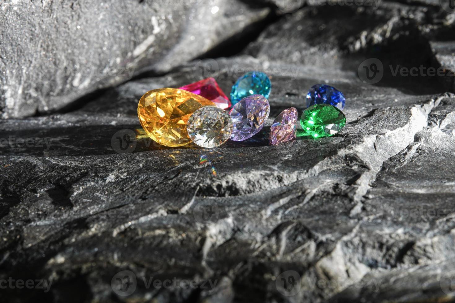 Natural Sapphire gemstone, Jewel or gems on black shine color, Collection of many different natural gemstones amethyst, photo
