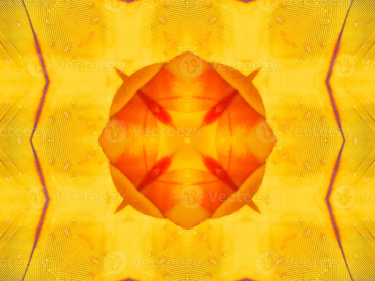 Yellow feather kaleidoscope floral pattern with some blue and red color. Abstract unique and aesthetic background. photo