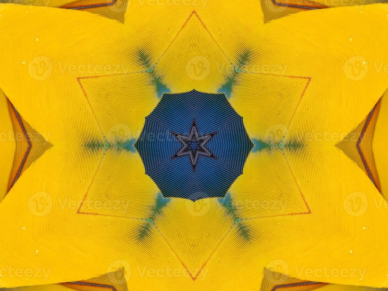 Yellow feather kaleidoscope floral pattern with some blue and red color. Abstract unique and aesthetic background. photo