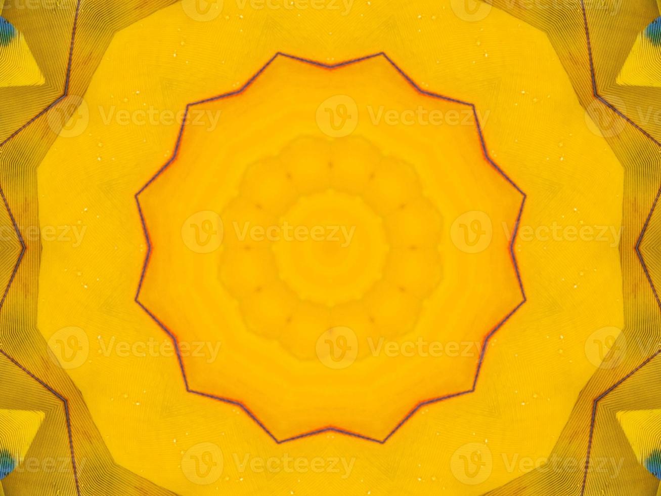 Yellow feather kaleidoscope floral pattern with some blue and red color. Abstract unique and aesthetic background. photo