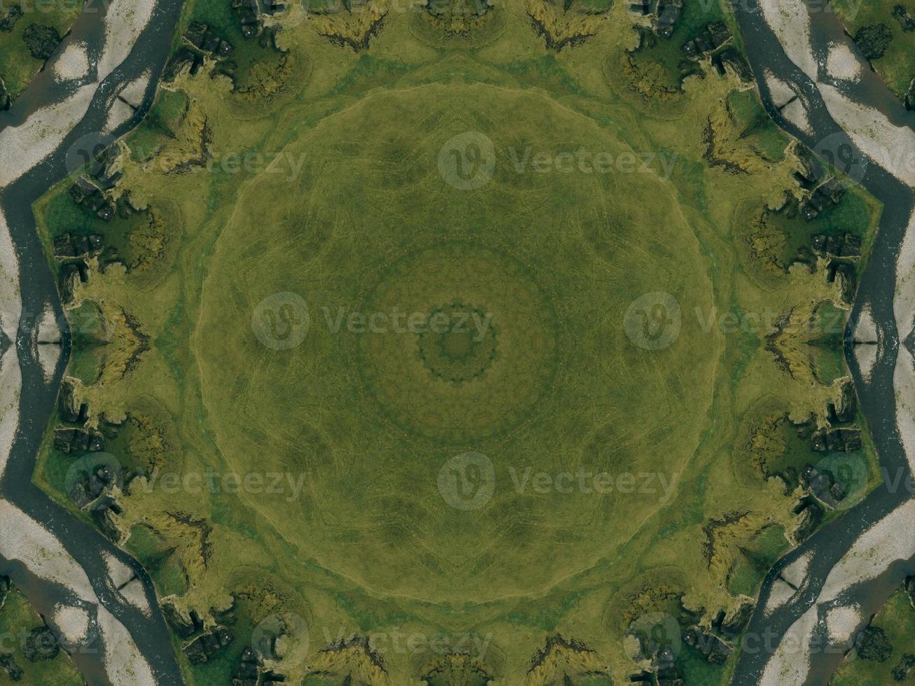 Green meadow aesthetic kaleidoscope floral pattern abstract unique texture background photo