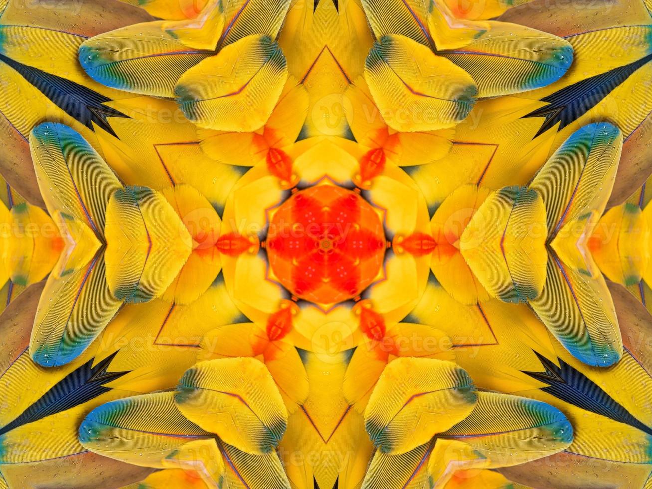 Yellow feather kaleidoscope floral pattern with some blue and red color. Abstract unique and aesthetic background. photo