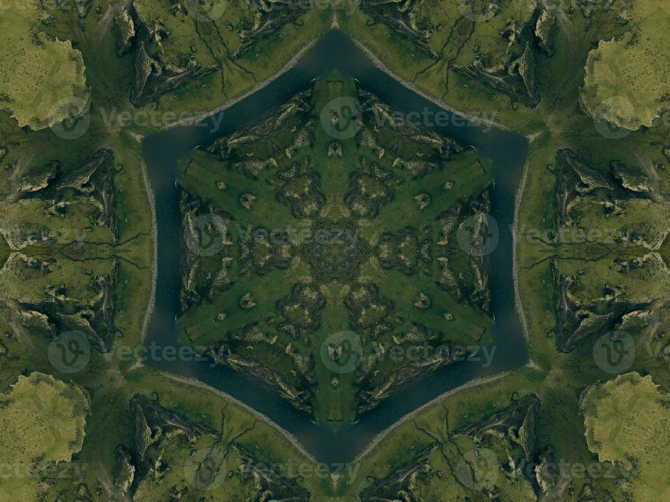 Green meadow aesthetic kaleidoscope floral pattern abstract unique texture background photo