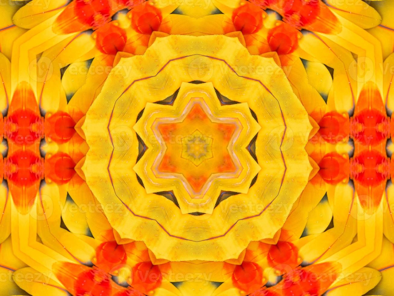 Yellow feather kaleidoscope floral pattern with some blue and red color. Abstract unique and aesthetic background. photo