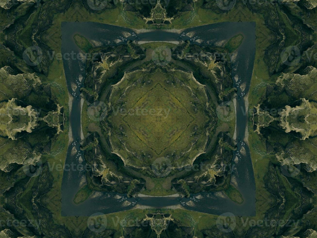 Green meadow aesthetic kaleidoscope floral pattern abstract unique texture background photo