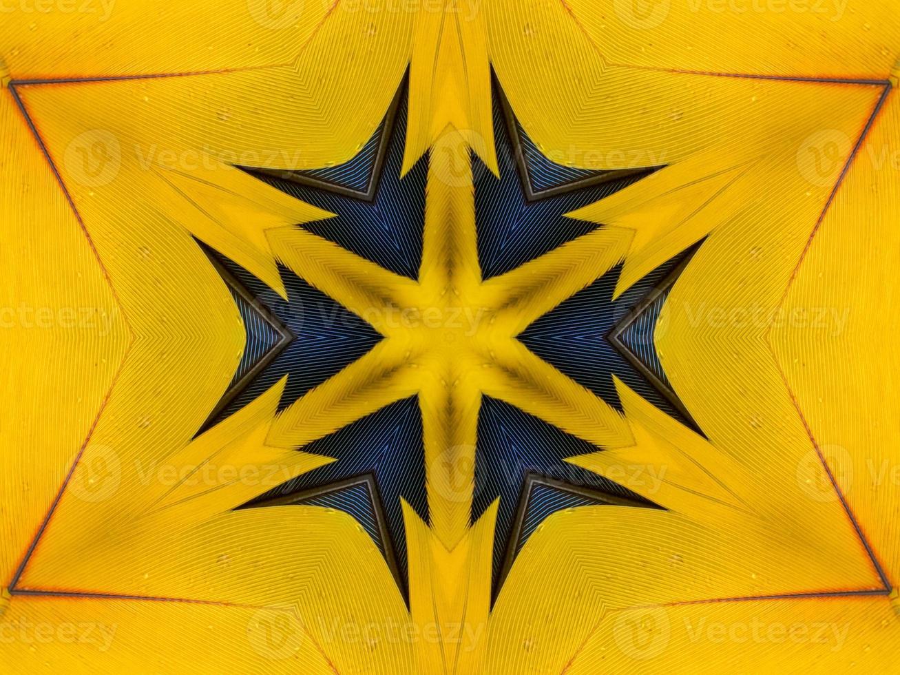 Yellow feather kaleidoscope floral pattern with some blue and red color. Abstract unique and aesthetic background. photo