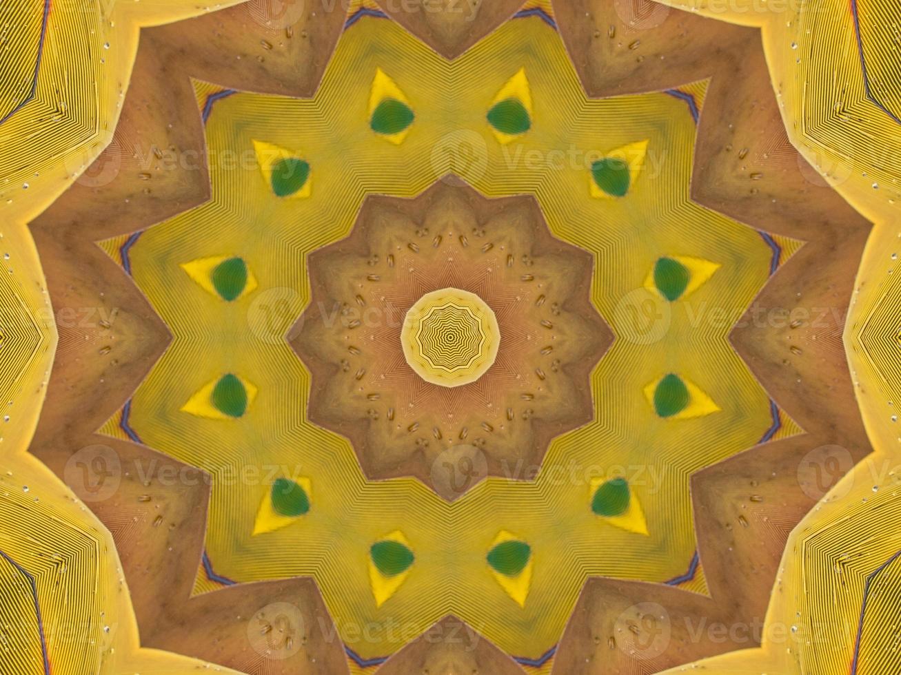 Yellow feather kaleidoscope floral pattern with some blue and red color. Abstract unique and aesthetic background. photo