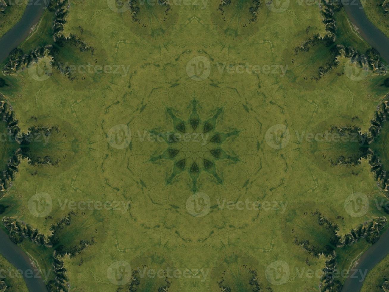 Green meadow aesthetic kaleidoscope floral pattern abstract unique texture background photo