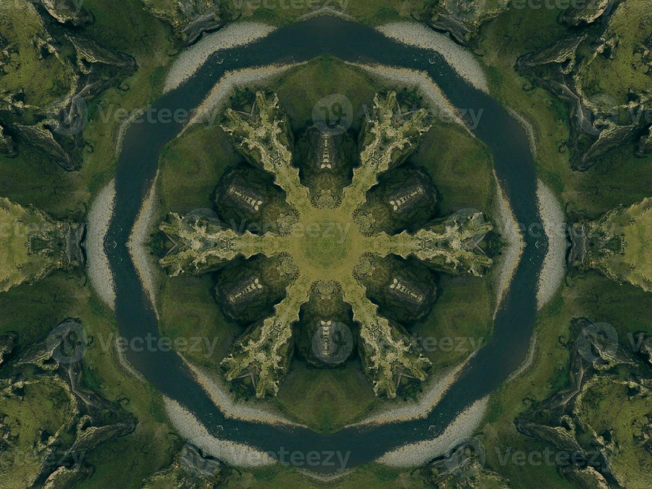 Green meadow aesthetic kaleidoscope floral pattern abstract unique texture background photo