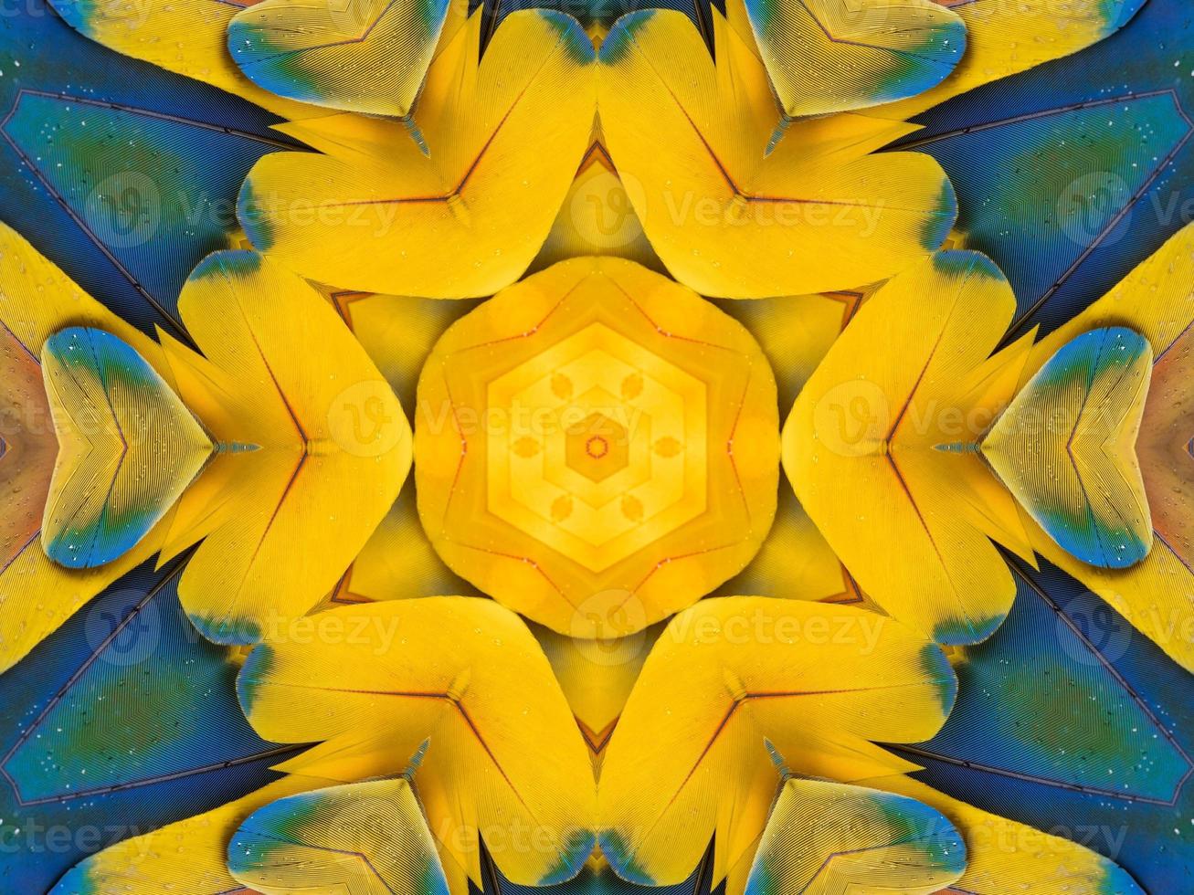 Yellow feather kaleidoscope floral pattern with some blue and red color. Abstract unique and aesthetic background. photo
