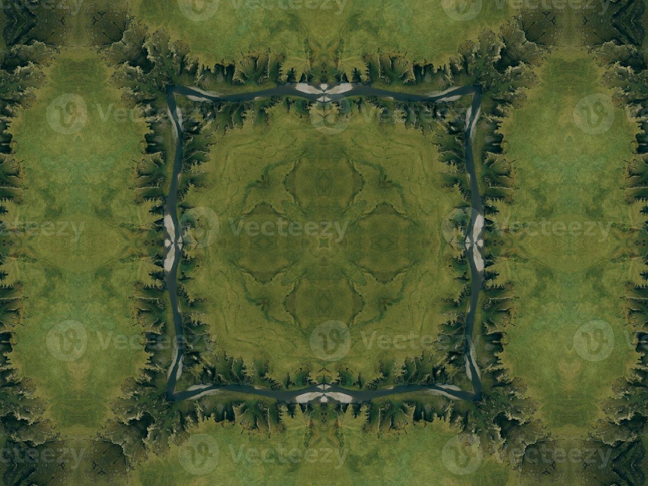 Green meadow aesthetic kaleidoscope floral pattern abstract unique texture background photo