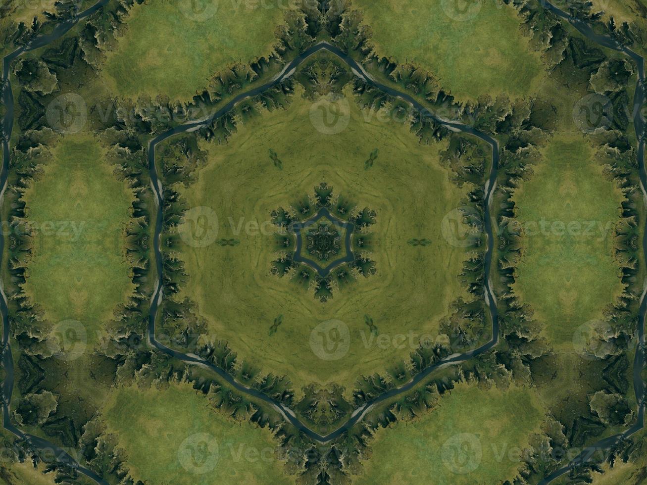 Green meadow aesthetic kaleidoscope floral pattern abstract unique texture background photo