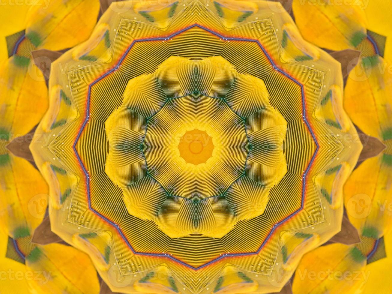 Yellow feather kaleidoscope floral pattern with some blue and red color. Abstract unique and aesthetic background. photo