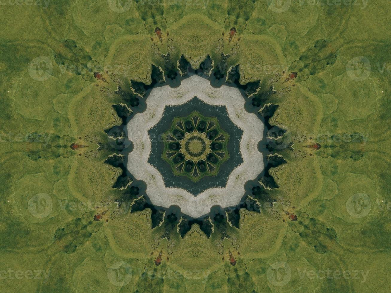Green meadow aesthetic kaleidoscope floral pattern abstract unique texture background photo