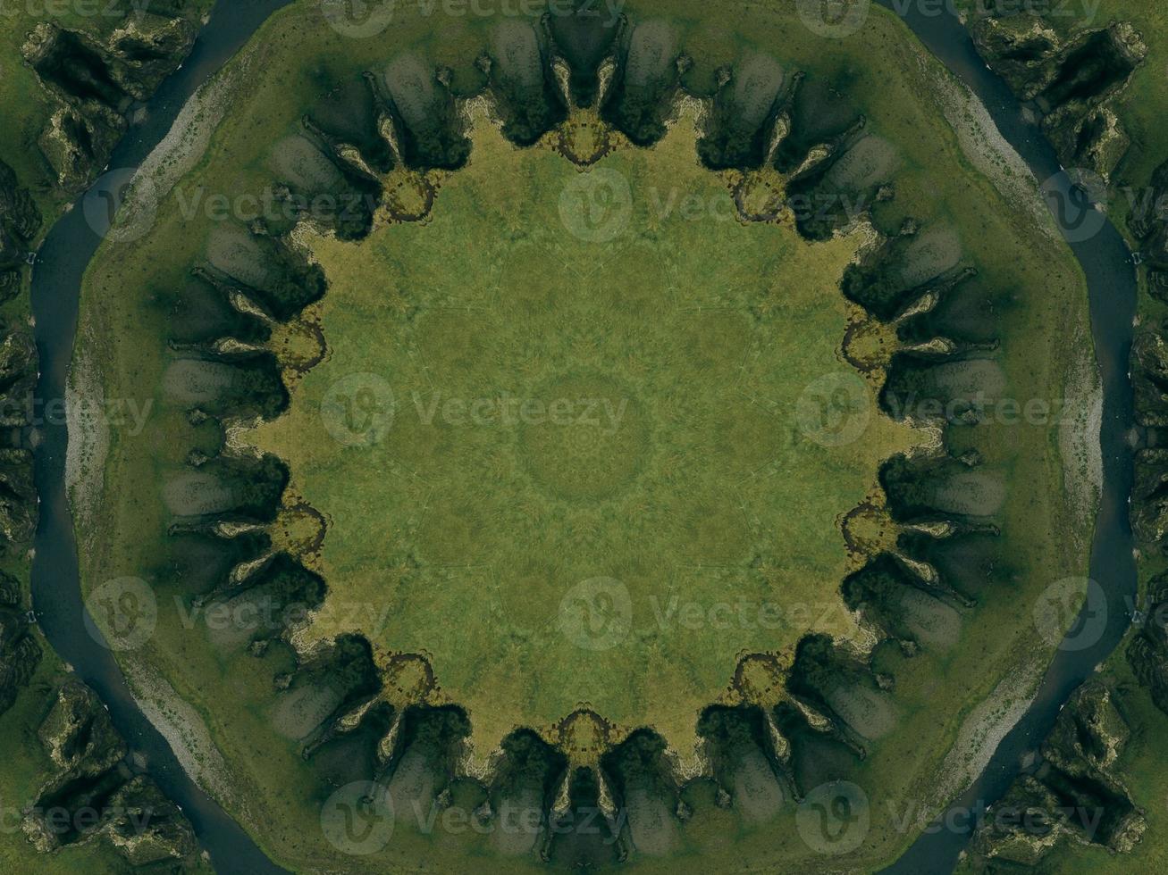 Green meadow aesthetic kaleidoscope floral pattern abstract unique texture background photo