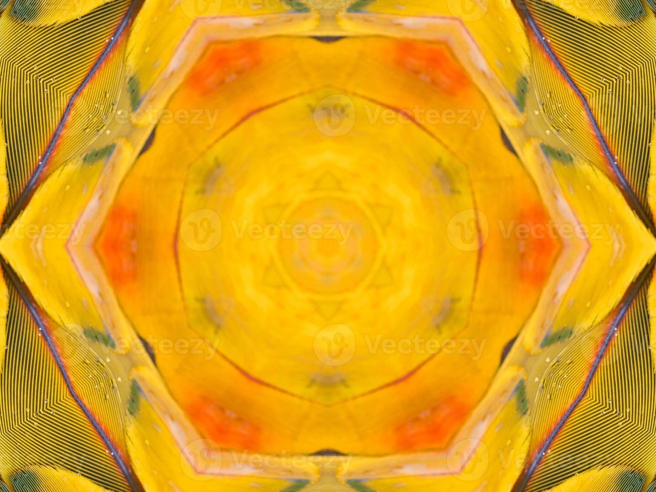 Yellow feather kaleidoscope floral pattern with some blue and red color. Abstract unique and aesthetic background. photo