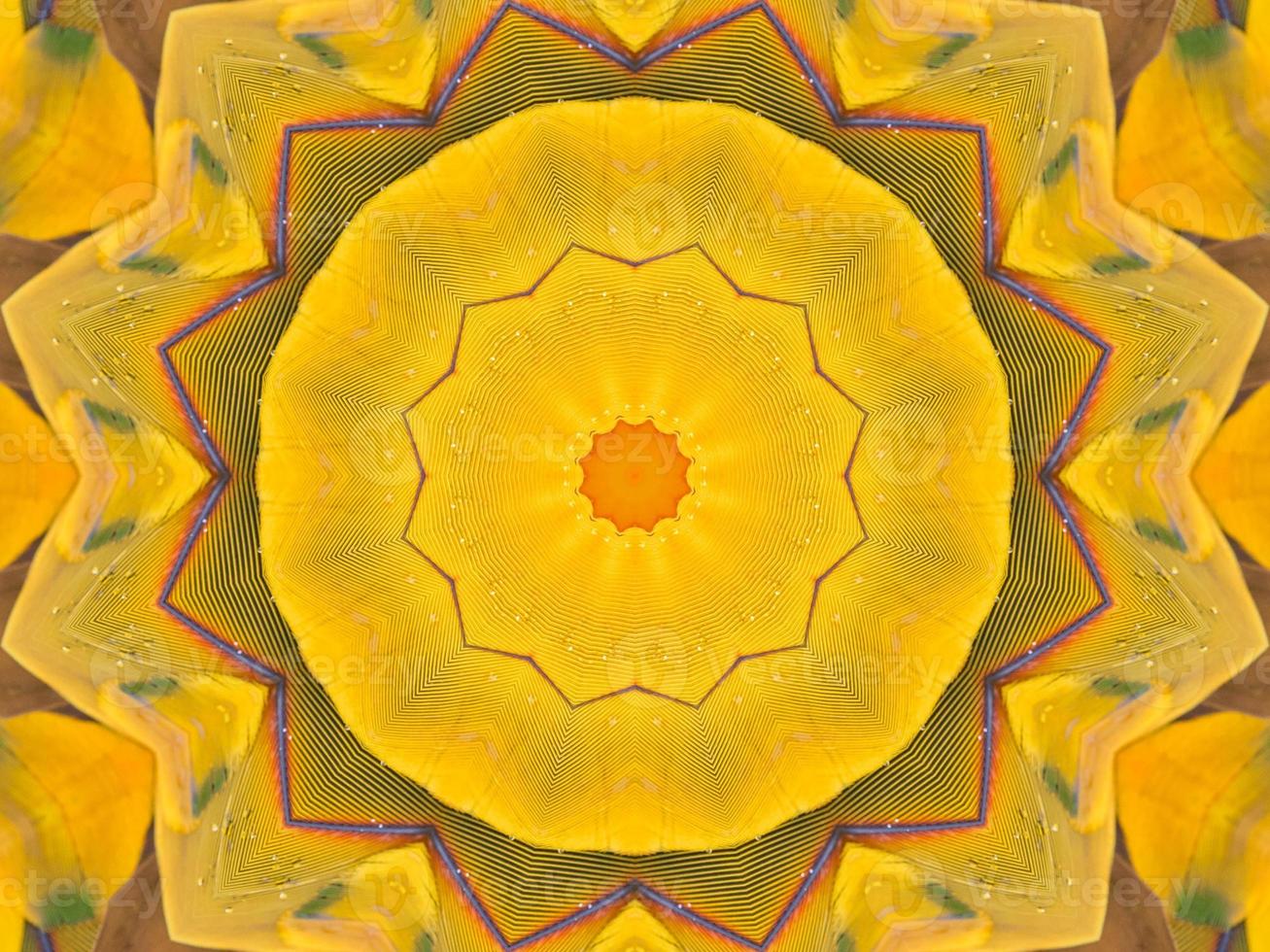 Yellow feather kaleidoscope floral pattern with some blue and red color. Abstract unique and aesthetic background. photo