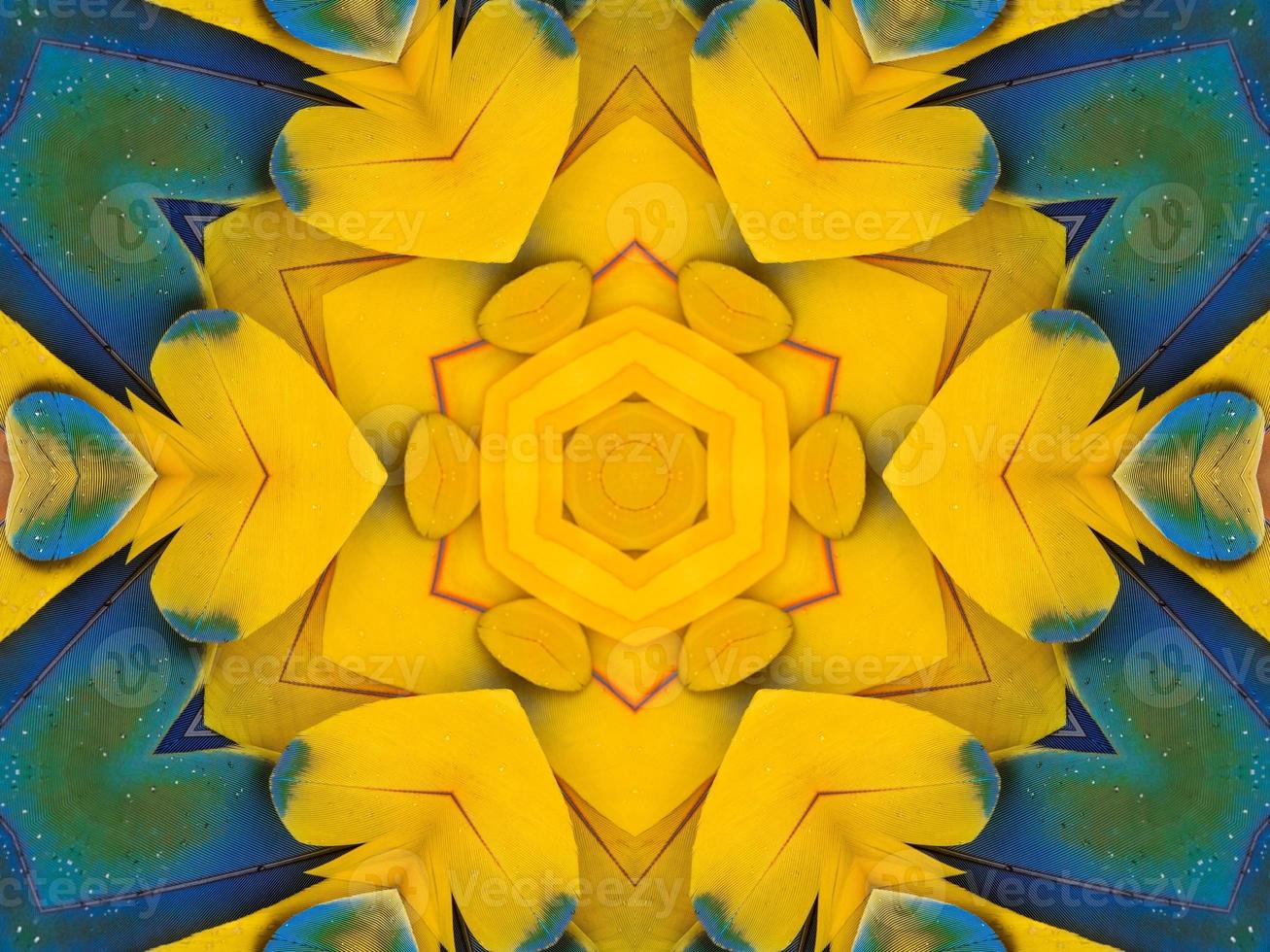 Yellow feather kaleidoscope floral pattern with some blue and red color. Abstract unique and aesthetic background. photo