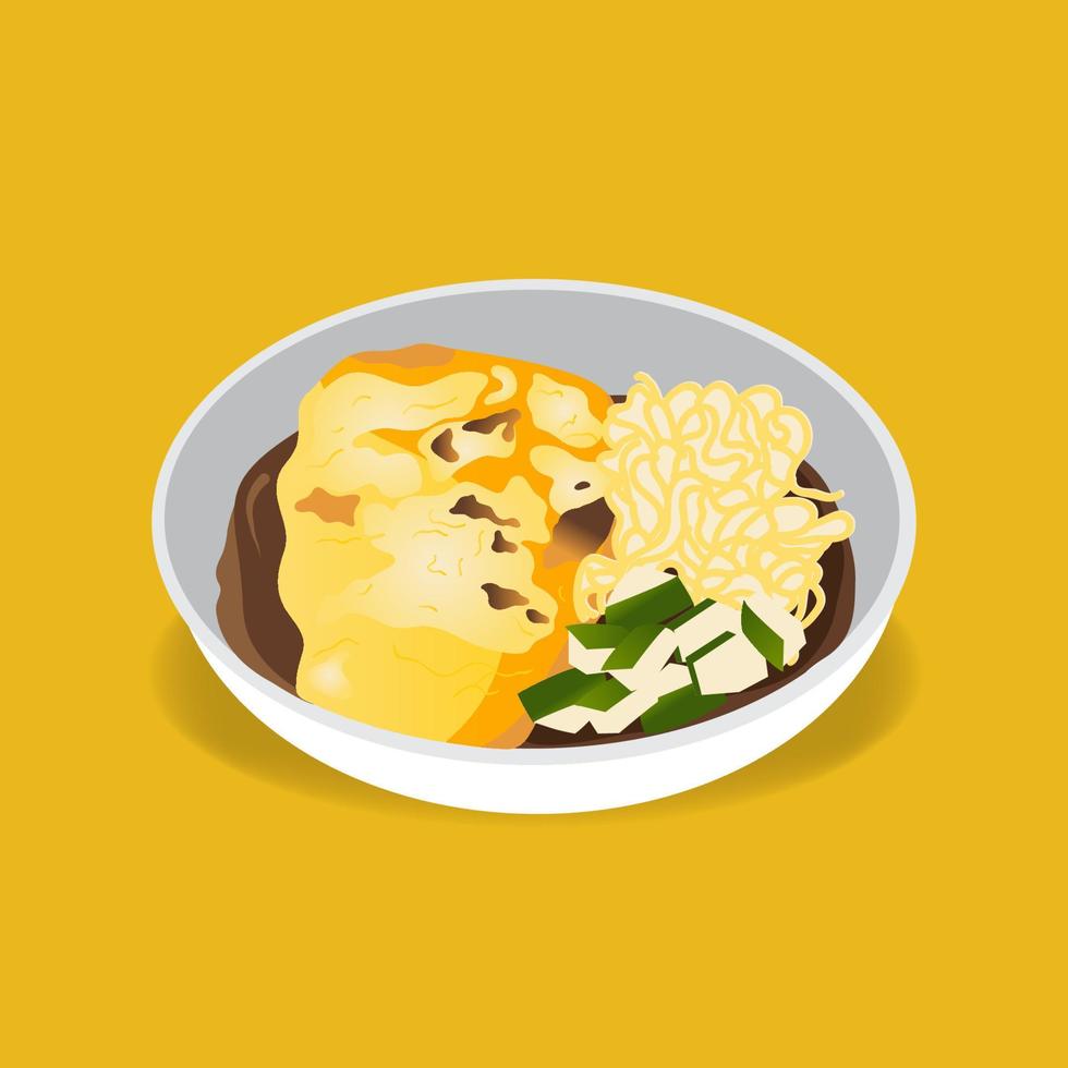 Pempek a la parrilla con ilustración de vector de sopa de fideos cuko