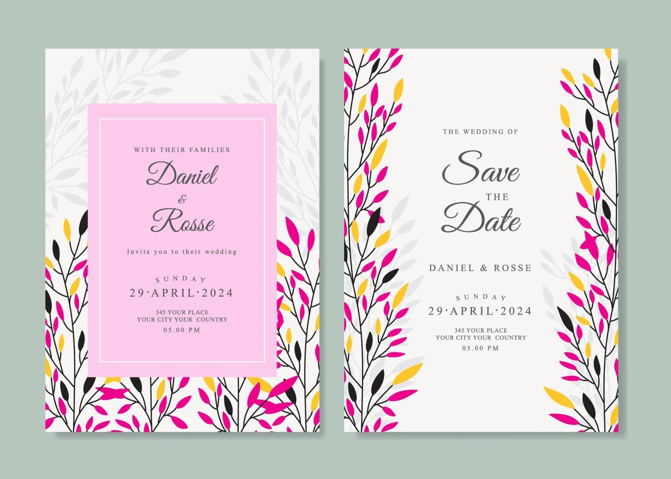 Wedding invitation template with pink leaves vector