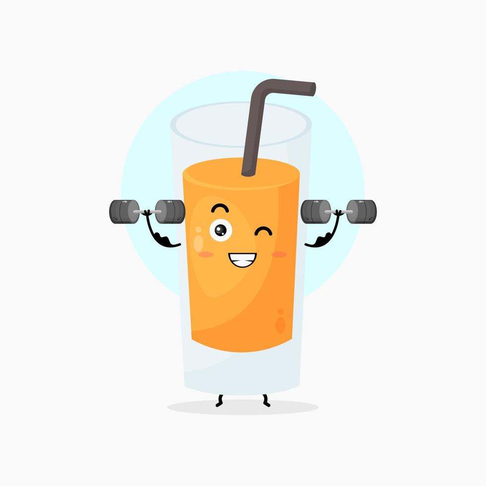 lindo personaje de jugo de naranja levantando una barra vector