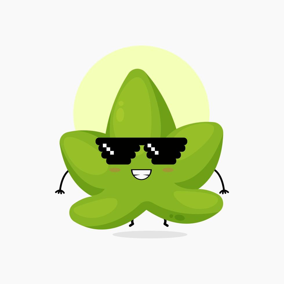 cute green leaf character with pixel glasses vector