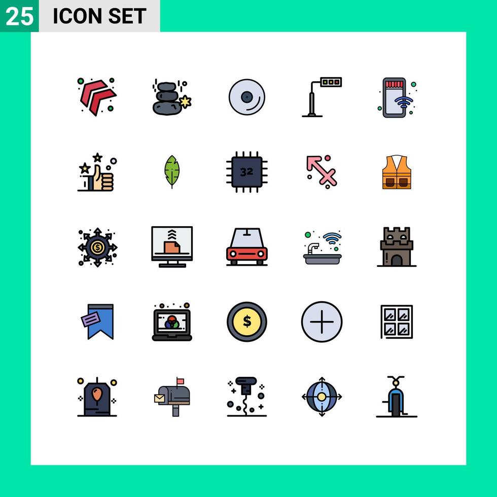 Group of 25 Filled line Flat Colors Signs and Symbols for online road disk tower construction Editable Vector Design Elements