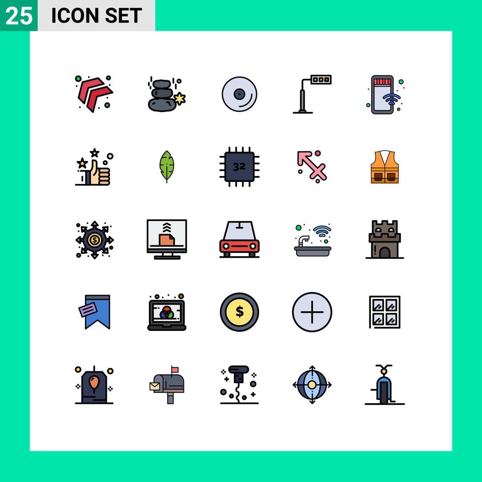 grupo de 25 signos y símbolos de colores planos de línea rellena para la construcción de torres de disco de carretera en línea elementos de diseño de vectores editables