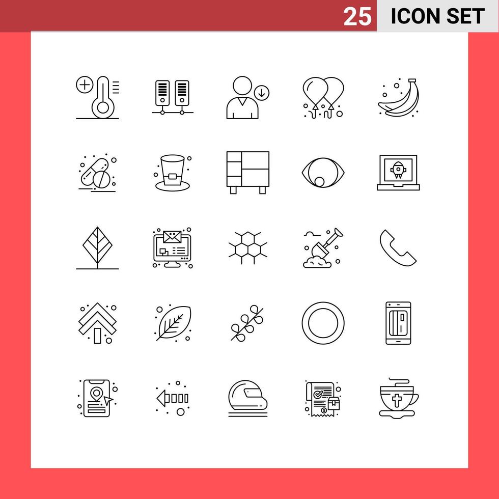 conjunto de 25 iconos de interfaz de usuario modernos signos de símbolos para píldoras cápsula usuario fruta plátano elementos de diseño vectorial editables vector