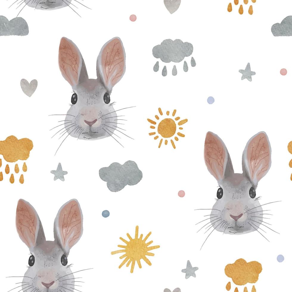 Cute seamless pattern with watercolor rabbit or bunny. Easter bunnies, sun, clouds, stars and dots. vector