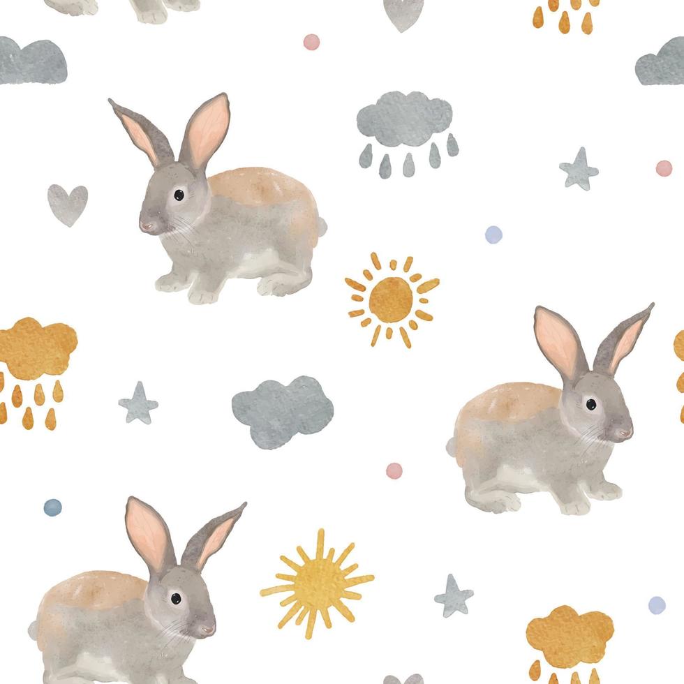 Cute seamless pattern with watercolor rabbit or bunny. Easter bunnies, sun, clouds, stars and dots. vector