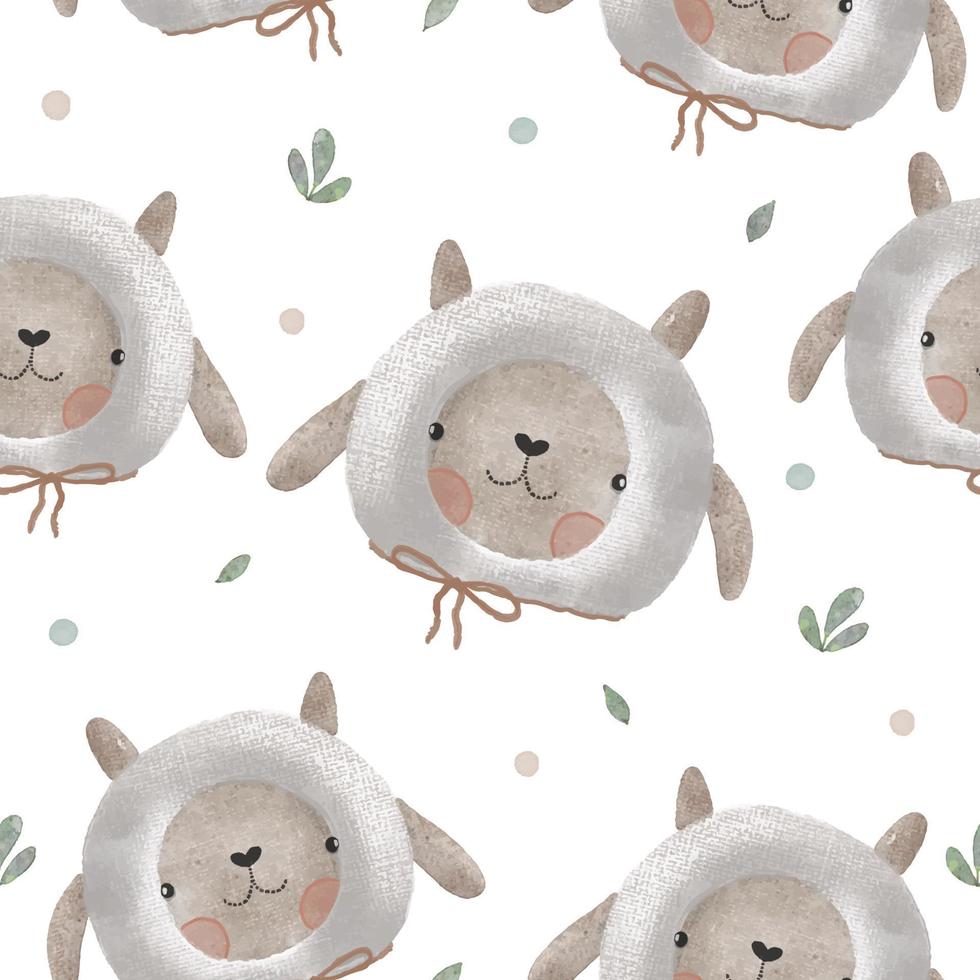 Watercolor vector Baby shower seamless pattern plush toy sheep. Toys and green leaves.